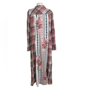 ANDREE Multi-color Plaid Kimono Embroidered Back Button Front Duster Large